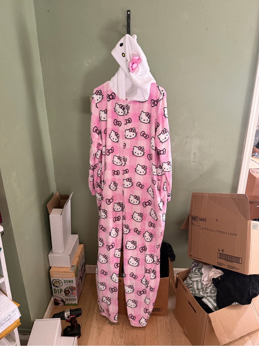 Hello Kitty Pink Fleece Onesie with White Hood and Ear Flower